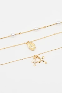 Set of 3 Pearl, Cross, and Pendant Necklaces