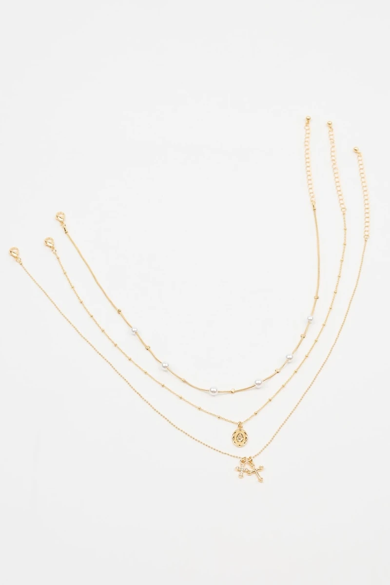 Set of 3 Pearl, Cross, and Pendant Necklaces