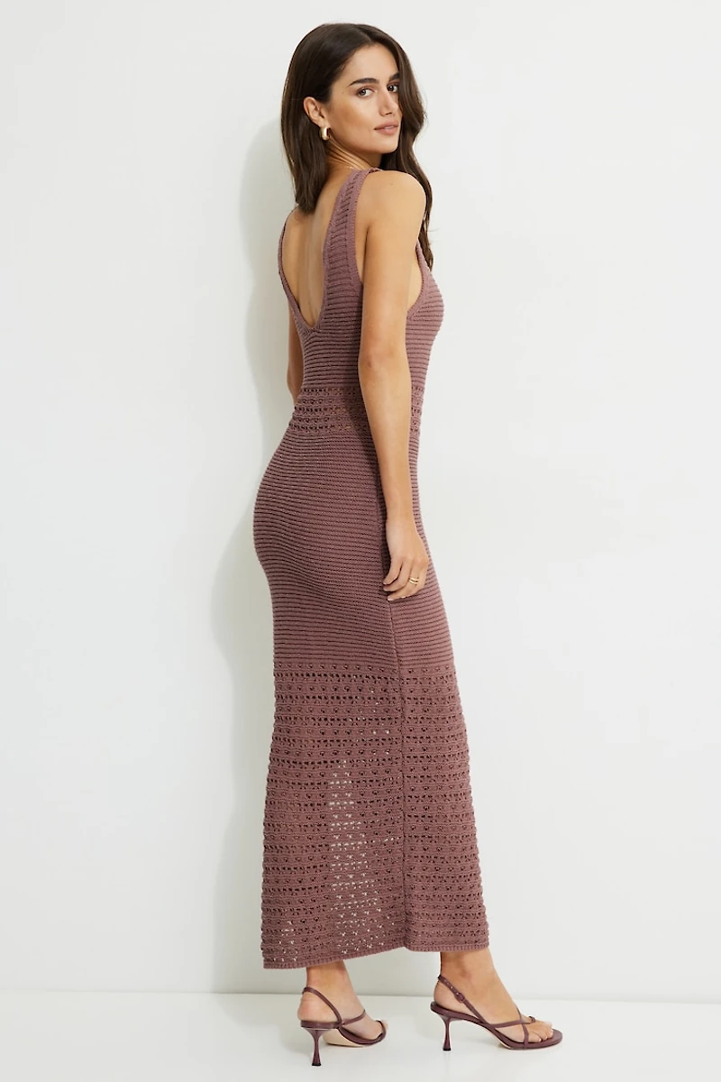 Crocheted V Neck Maxi Sweater Dress