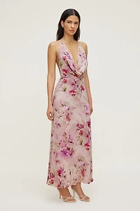 Floral Halter Cowl Neck Maxi Dress