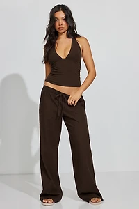 Linen Ribbed Waistband Pull-On Pants