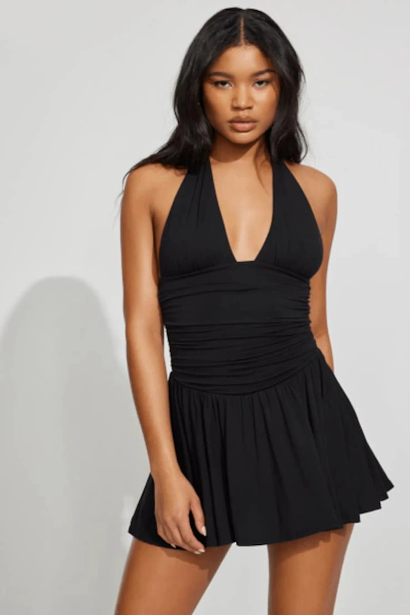 Plunge Halter Fit & Flare Dress
