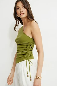 Beaded Drawstring Single Shoulder Jersey Top