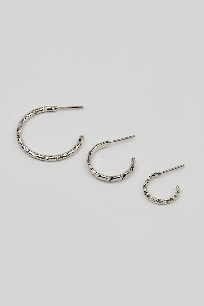 Set of 3 Textured Open Hoop Earrings