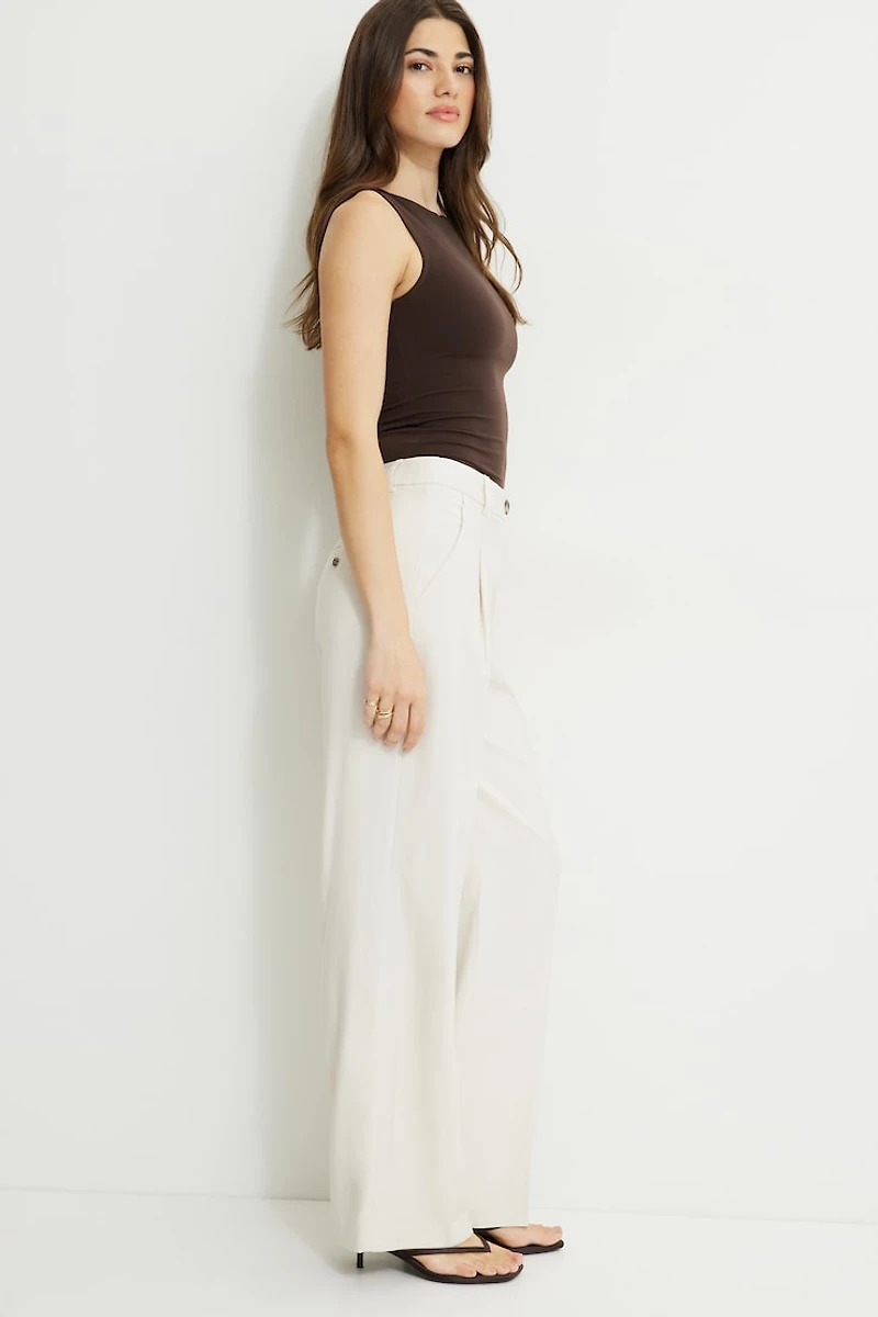 Pleated Straight Leg Twill Pants