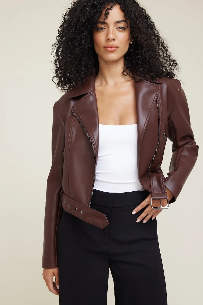 Belted Faux Leather Moto Jacket