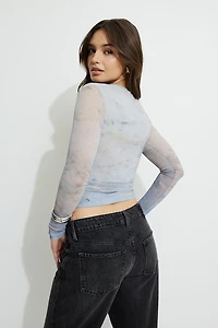 Shirred Mesh Long Sleeve Top