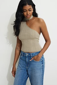 Ribbed Metallic Single Shoulder Scarf Top