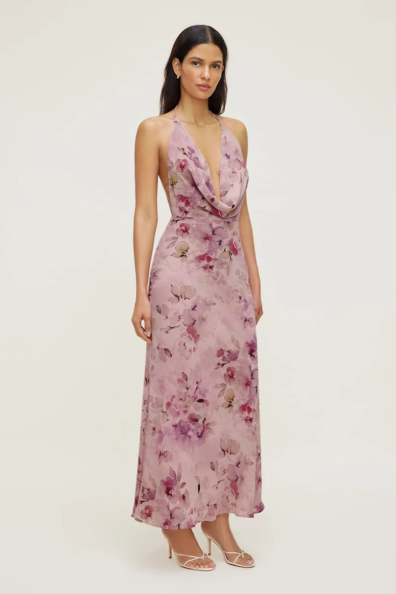 Floral Halter Cowl Neck Maxi Dress