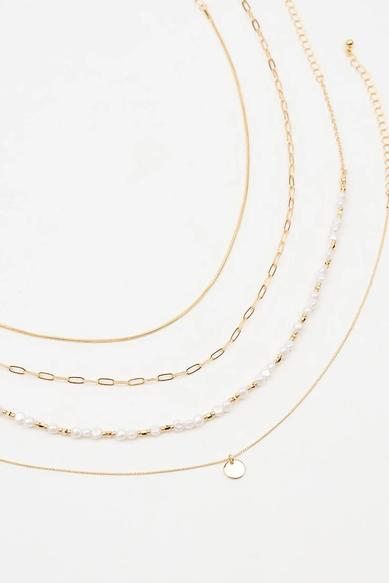 Set of 4 Pearl & Mini Medallion Necklaces