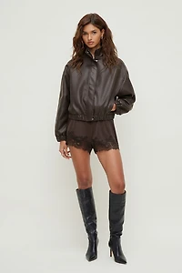 Oversized Faux Leather Bomber Jacket