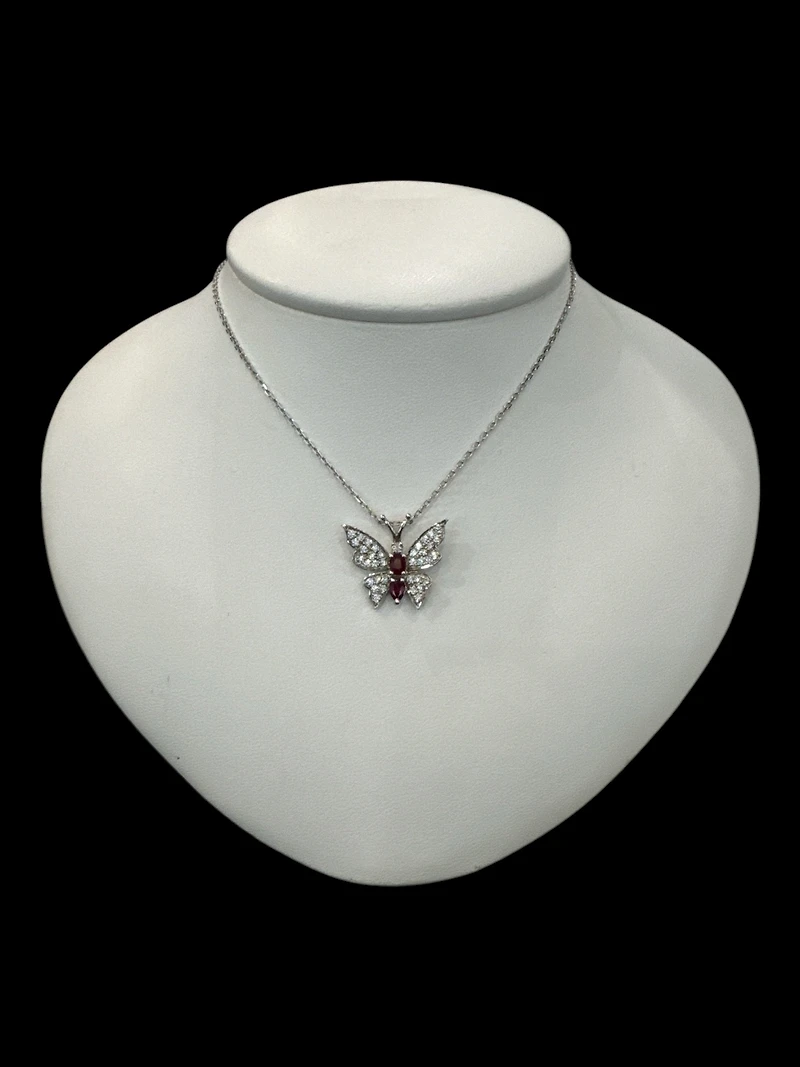 14K White Gold Ruby and Diamond Butterfly Necklace  - 18"