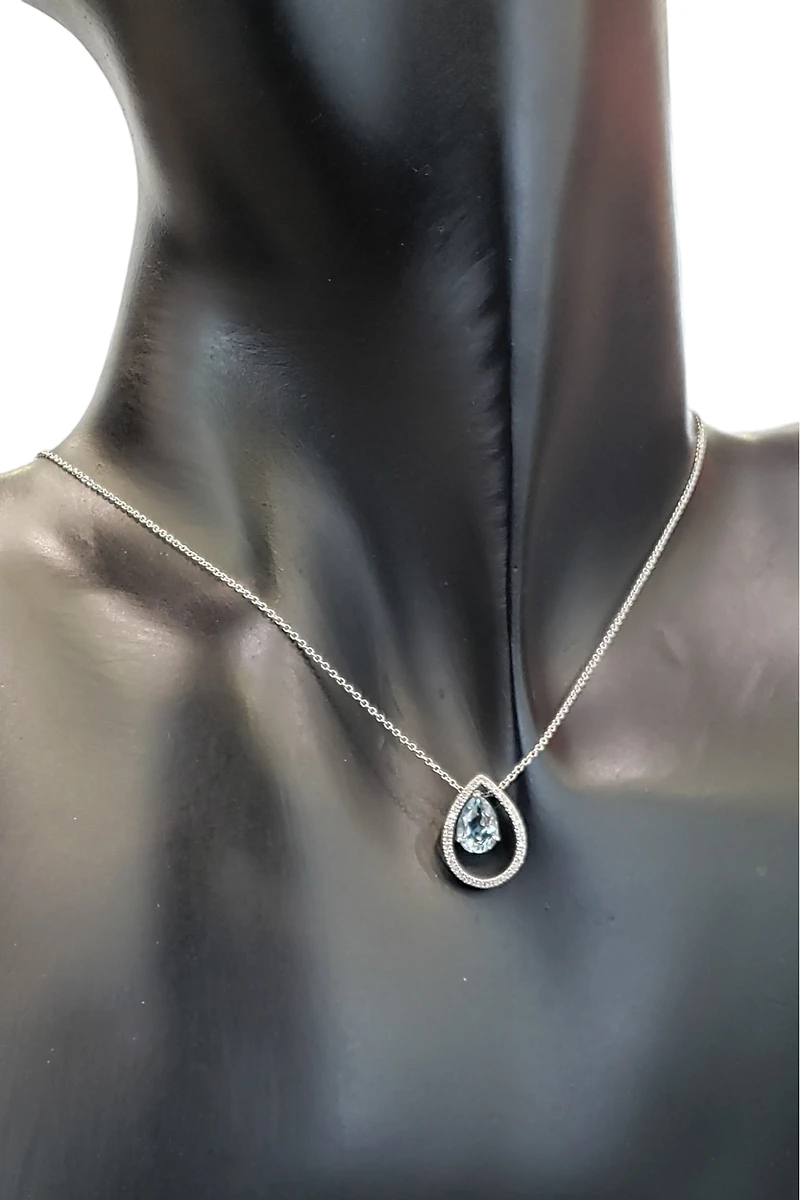 14K White Gold Aquamarine and Diamond Pendant, 18"