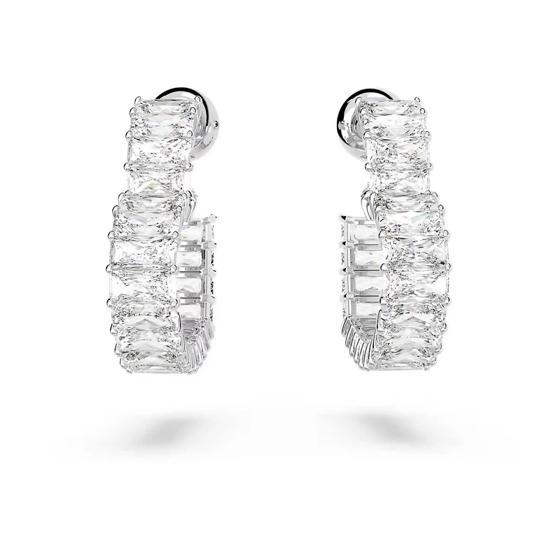 Swarovski Matrix hoop earrings, Baguette cut, Heart, Small, White, Rhodium plated - 5653170/5689693 (SS)