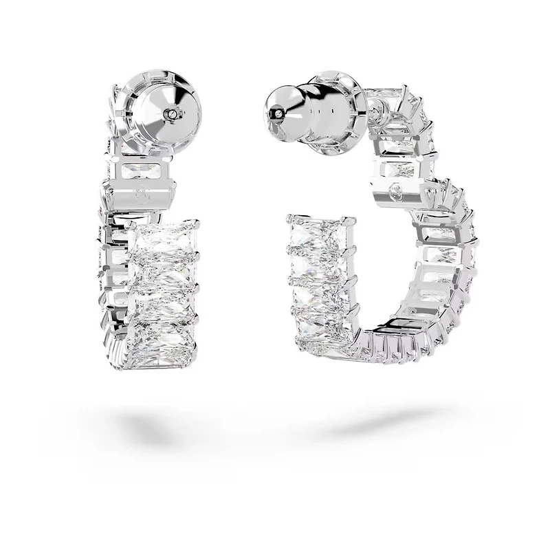 Swarovski Matrix hoop earrings, Baguette cut, Heart, Small, White, Rhodium plated - 5653170/5689693 (SS)