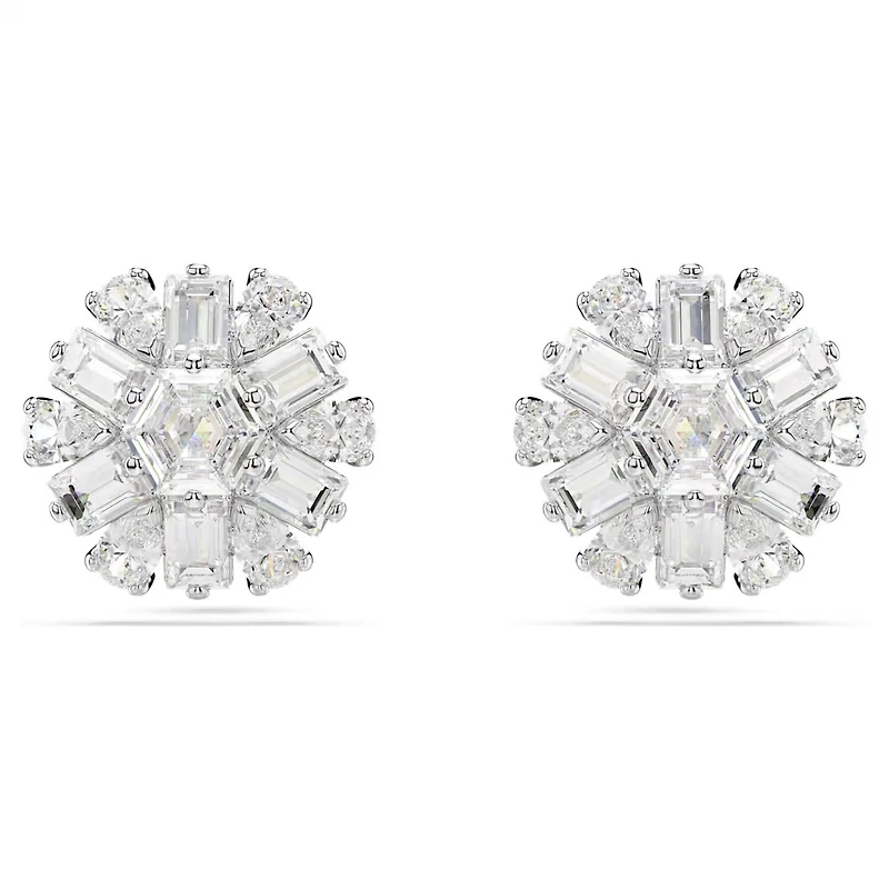 Swarovski Idyllia stud earrings, Mixed cuts, Snowflake, White, Rhodium plated - 5691483/5701593 (SS)