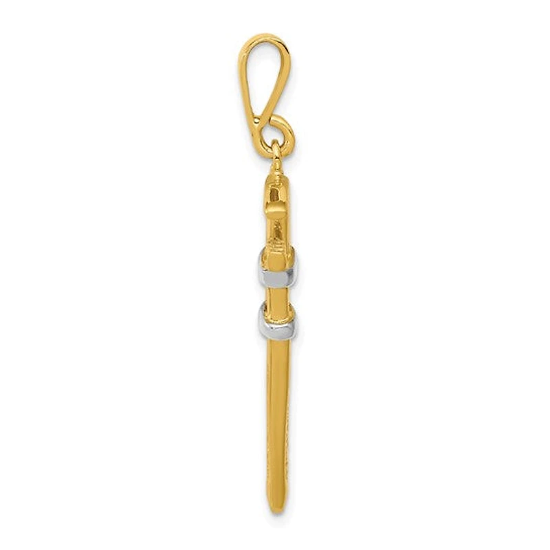 14K Two-Tone, Yellow and White Gold Rhodium 3D Pipe Wrench Charm Pendant - 40mm x 10mm