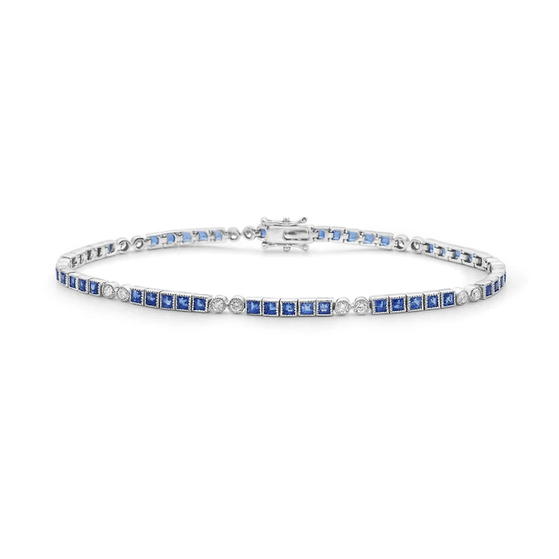 14K White Gold Blue Sapphire and 0.64cttw Diamond Bezel Tennis Bracelet