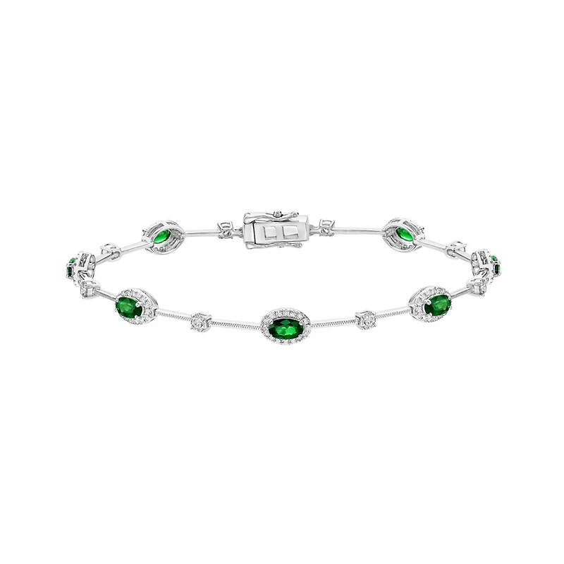 14K White Gold Halo Emerald & Diamond Bracelet