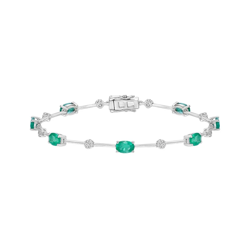 14K White Gold Prong Emerald & Diamond Bracelet