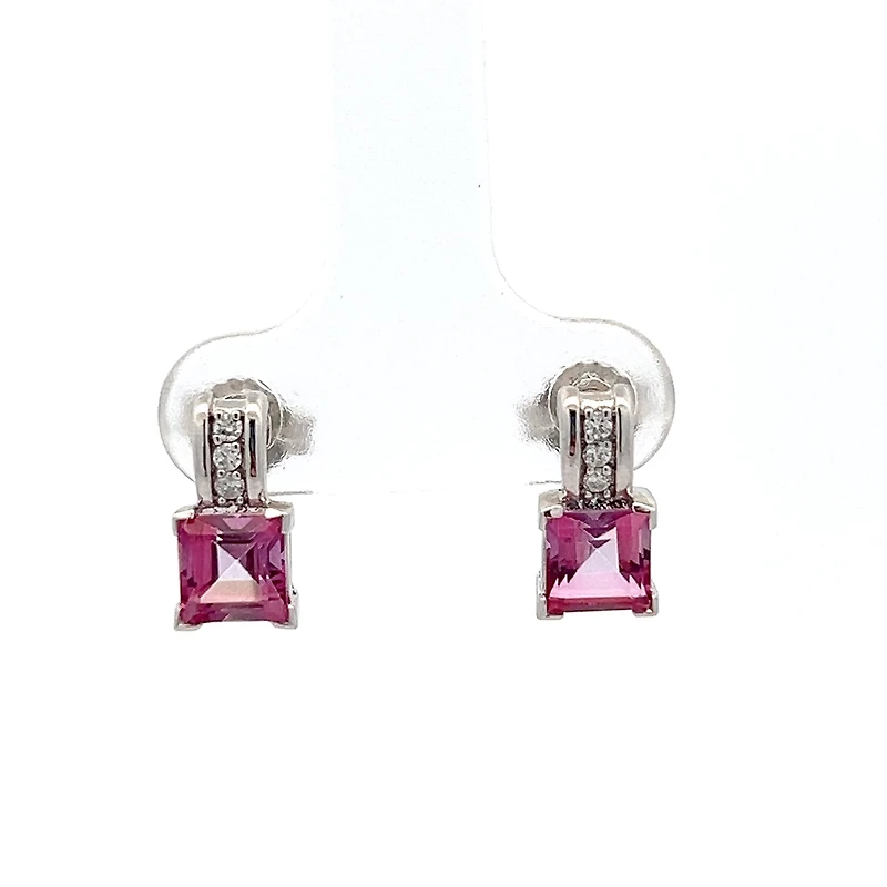 10K White Gold Pink Topaz and Diamond Earring - White gold