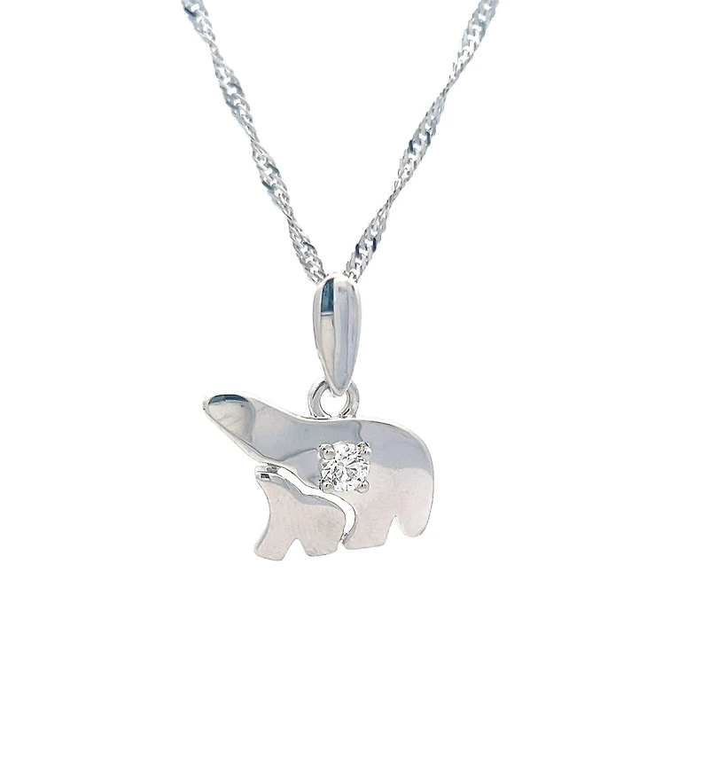14K White  Gold 0.27cttw Diamond Mother and Cub Necklace with Singapore Chain (Spring Clasp) - Adjustable 16 & 18 Inches