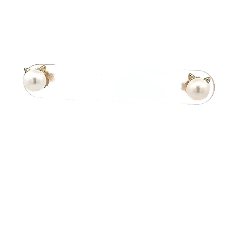 10K Yellow Gold Diamond and Pearl Cat Stud Earrings