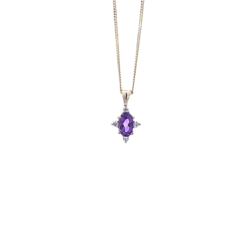 10K Yellow Gold Amethyst and Diamond Pendant - 18"