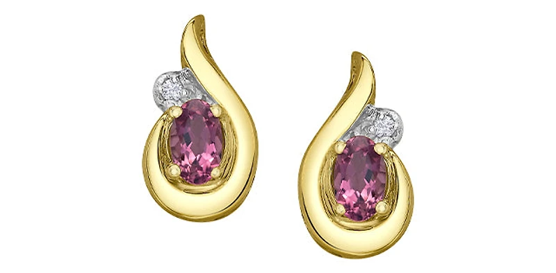 10K Yellow Gold Pink Tourmaline and Diamond Stud Earrings