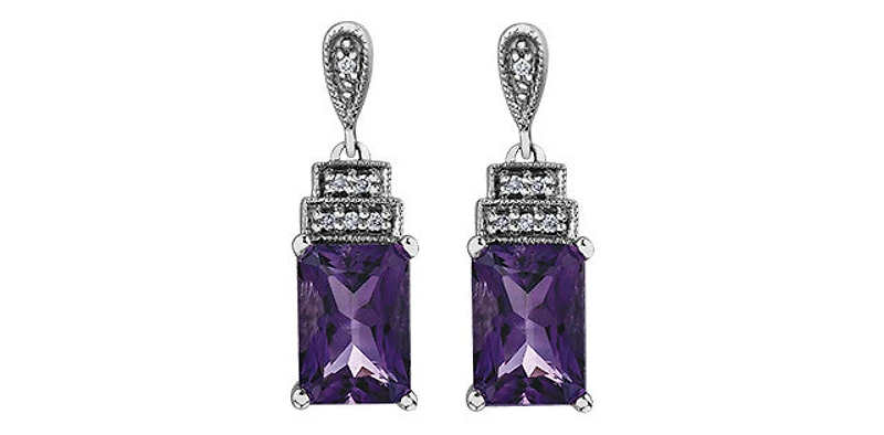 10K White Gold 1.80cttw Amethyst and 0.03cttw Diamond Dangle/Drop Earrings