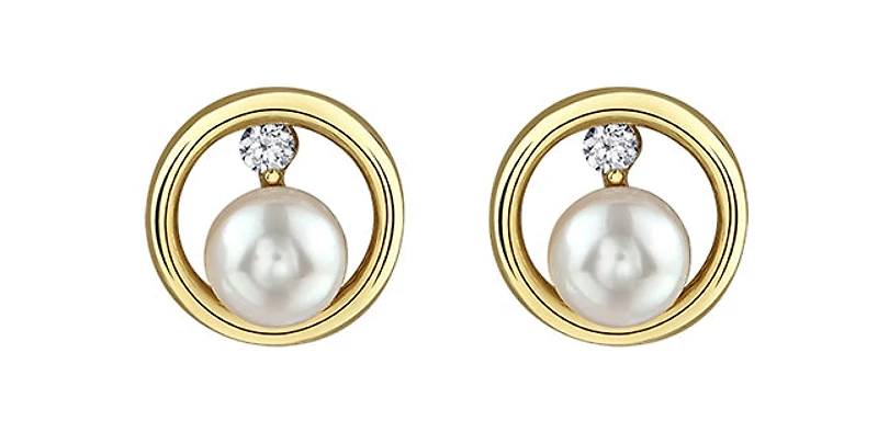 10K Yellow Gold Canadian Diamond and Pearl Earrings 0.06cttw