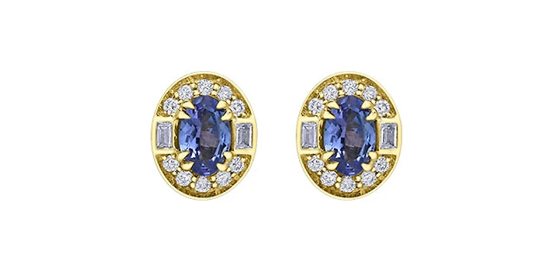 10K Yellow Gold Tanzanite , White sapphire and Diamond Earrings - yellow gold