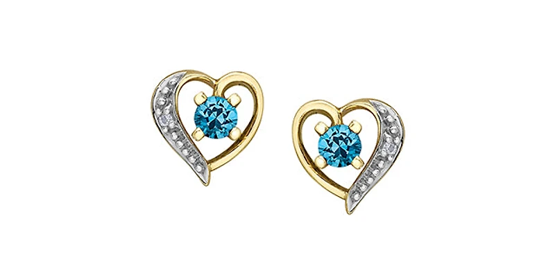 10K Yellow Gold Blue Topaz and Diamond Heart Stud Earrings