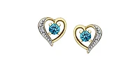 10K Yellow Gold Blue Topaz and Diamond Heart Stud Earrings