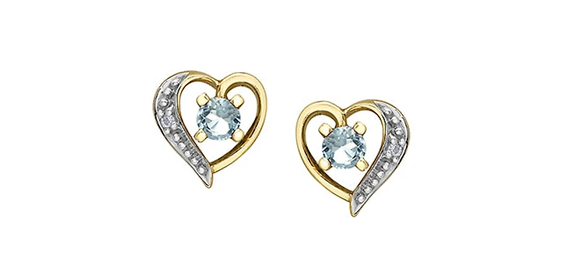 10K Yellow Gold Aquamarine and Diamond Heart Stud Earrings