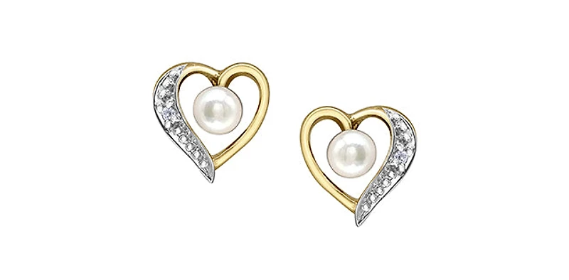 10K Yellow Gold Pearl and Diamond Heart Stud Earrings