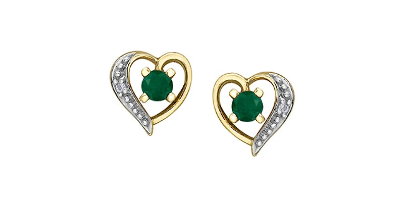 10K Yellow Gold Emerald and Diamond Heart Stud Earrings