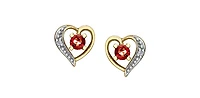 10K Yellow Gold Garnet and Diamond Heart Stud Earrings