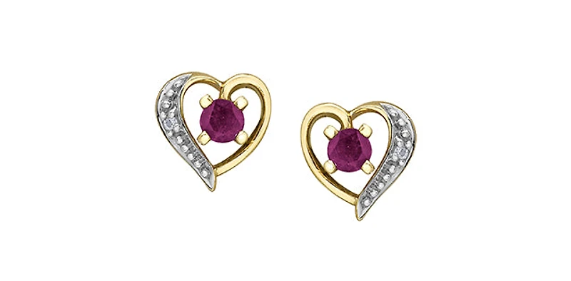 10K Yellow Gold Ruby and Diamond Heart Stud Earrings