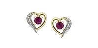 10K Yellow Gold Ruby and Diamond Heart Stud Earrings