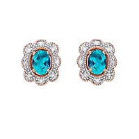 10K Rose Gold Blue Topaz and Diamond Halo Stud Earrings