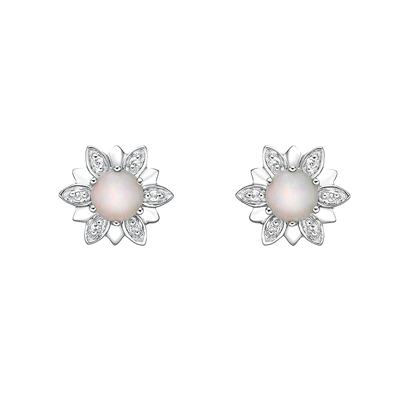 10K White Gold Prong-set White Opal Earrings with Diamond Accent