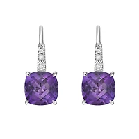 10K White Gold Prong-set Cushion Amethyst Earrings with Diamond Accent