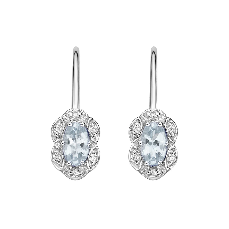 10K White Gold Prong-set Aquamarine Earrings with Diamond Halo