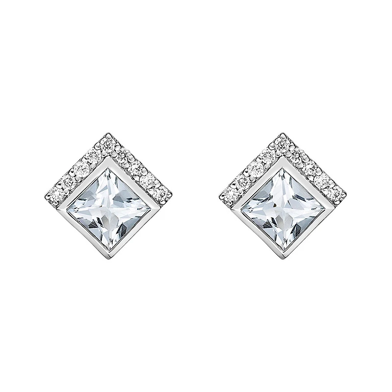 10K White Gold Bezel-set Aquamarine Earrings with Diamond Accent