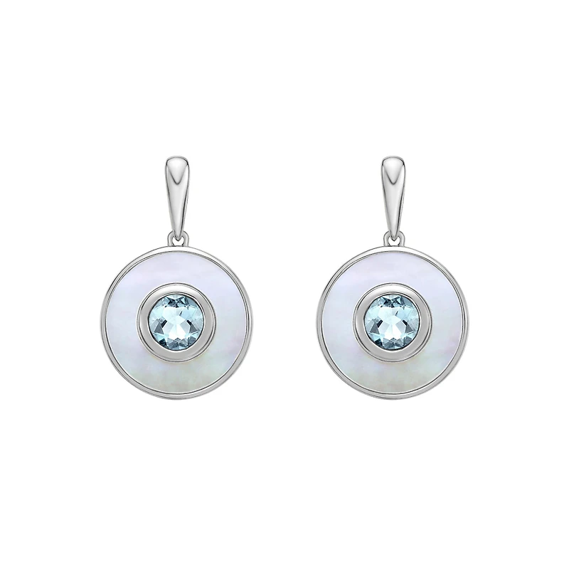 10K White Gold Round Aquamarine and Mother of Pearl Earrings