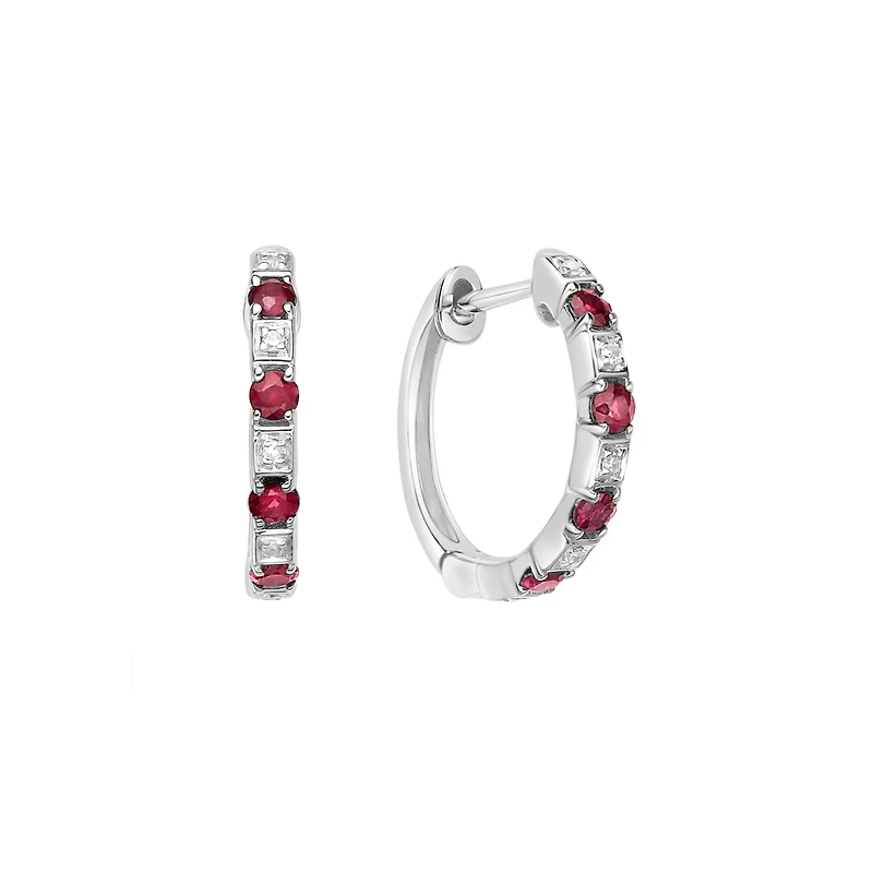 10K White Gold Classic Ruby & Diamond Hoop Earrings 0.04cttw