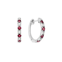 10K White Gold Classic Ruby & Diamond Hoop Earrings 0.04cttw