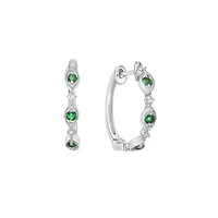 10K White Gold Classic Emerald & Diamond Hoop Earrings 0.07cttw
