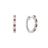 10K White Gold Classic Ruby & Diamond Hoop Earrings with Squares